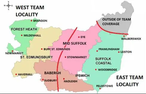 Map of Suffolk showing areas covered by the west base team and the east base team