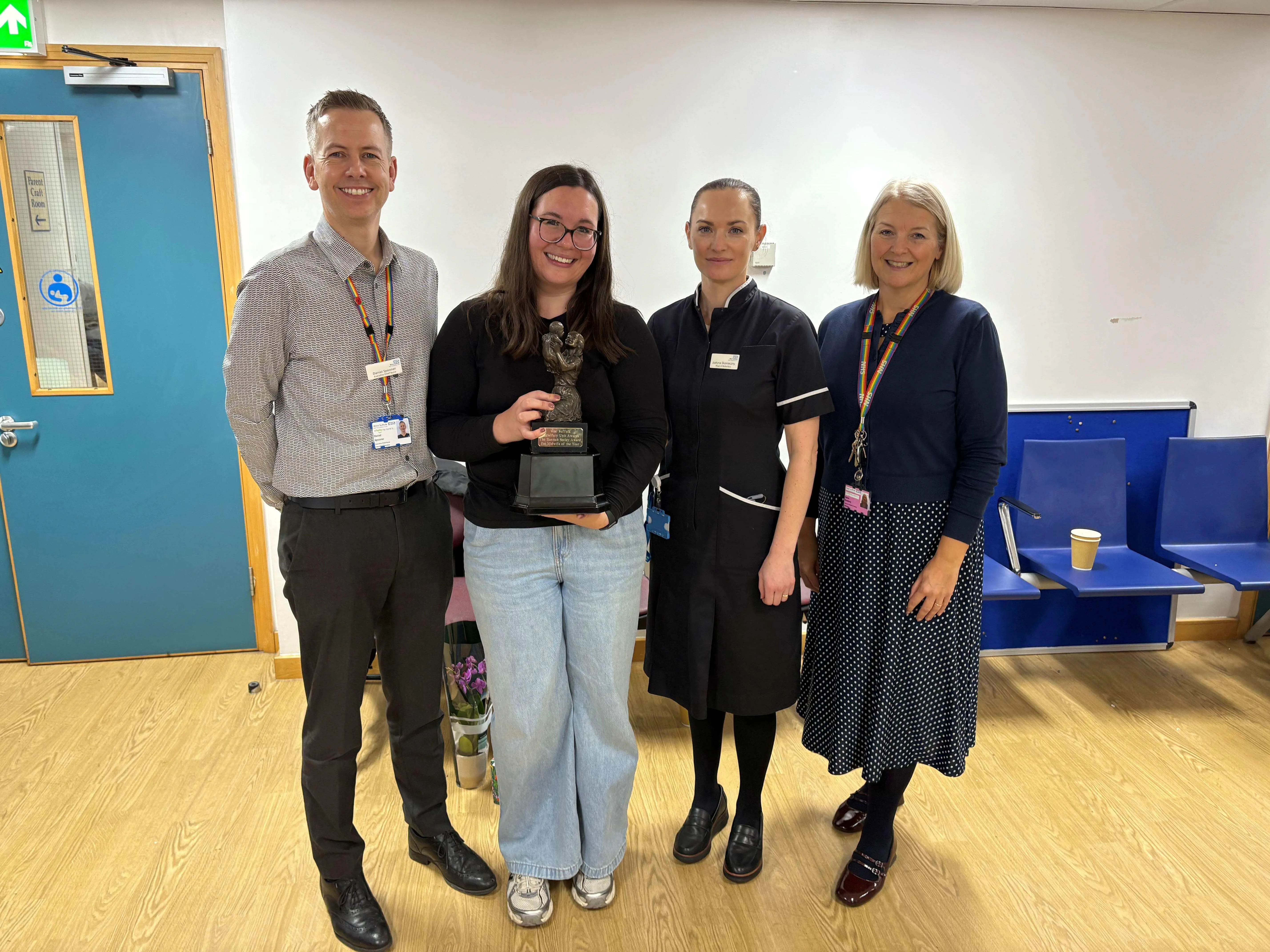 Midwife of the year Amy Gilbert receiving her award, with chief nurse Daniel Spooner, head of midwifery Justyna Skonieczny and Karen Newbury, director of midwifery