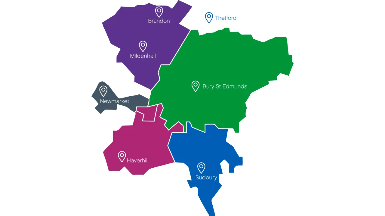 Map of are served by West Suffolk NHS Foundation Trust