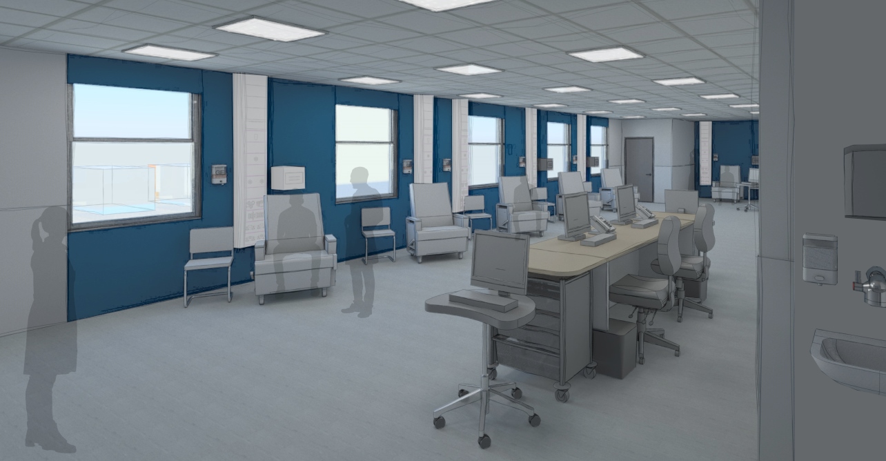 A digital impression of the new ambulatory emergency care ward which will form part of the new acute assessment unit at West Suffolk NHS Foundation Trust