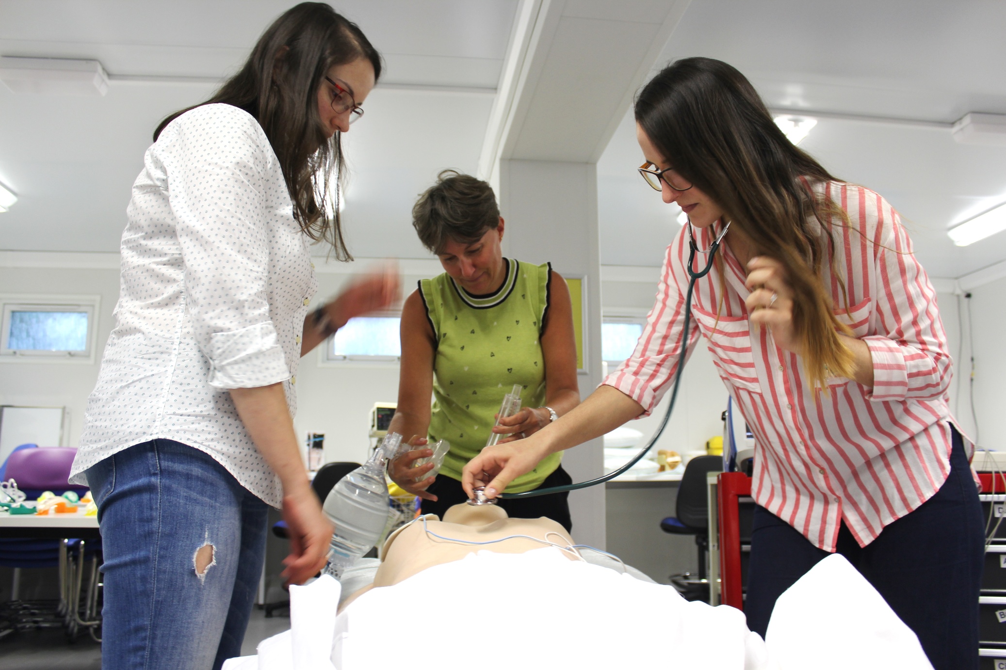 Staff who will be working in the new acute assessment unit training on advanced life support skills in the in the Siklos Centre for Clinical Skills and Simulation at West Suffolk NHS Foundation Trust