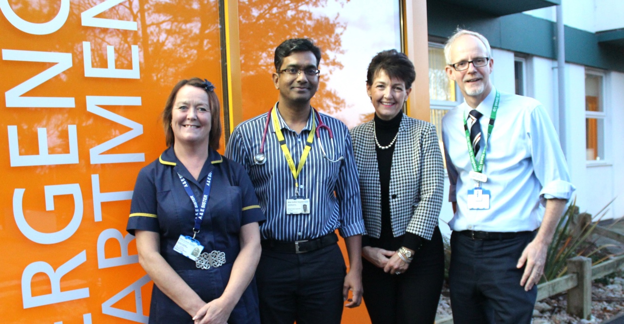 (Left to right) Becky Kelly, emergency department sister and Ravi Ayyamuthu emergency department consultant, with Jo Churchill MP and Trust chief executive Stephen Dunn 