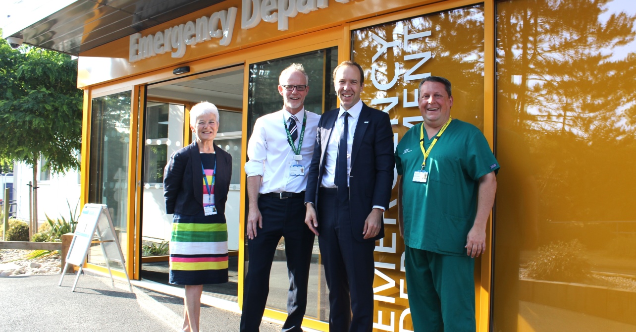 From left to right: Sheila Childerhouse, Trust chair, Stephen Dunn, Trust chief executive, The Rt Hon Matthew Hancock, Secretary of State for Health and Social Care, and Dr Nick Jenkins, Trust medical director