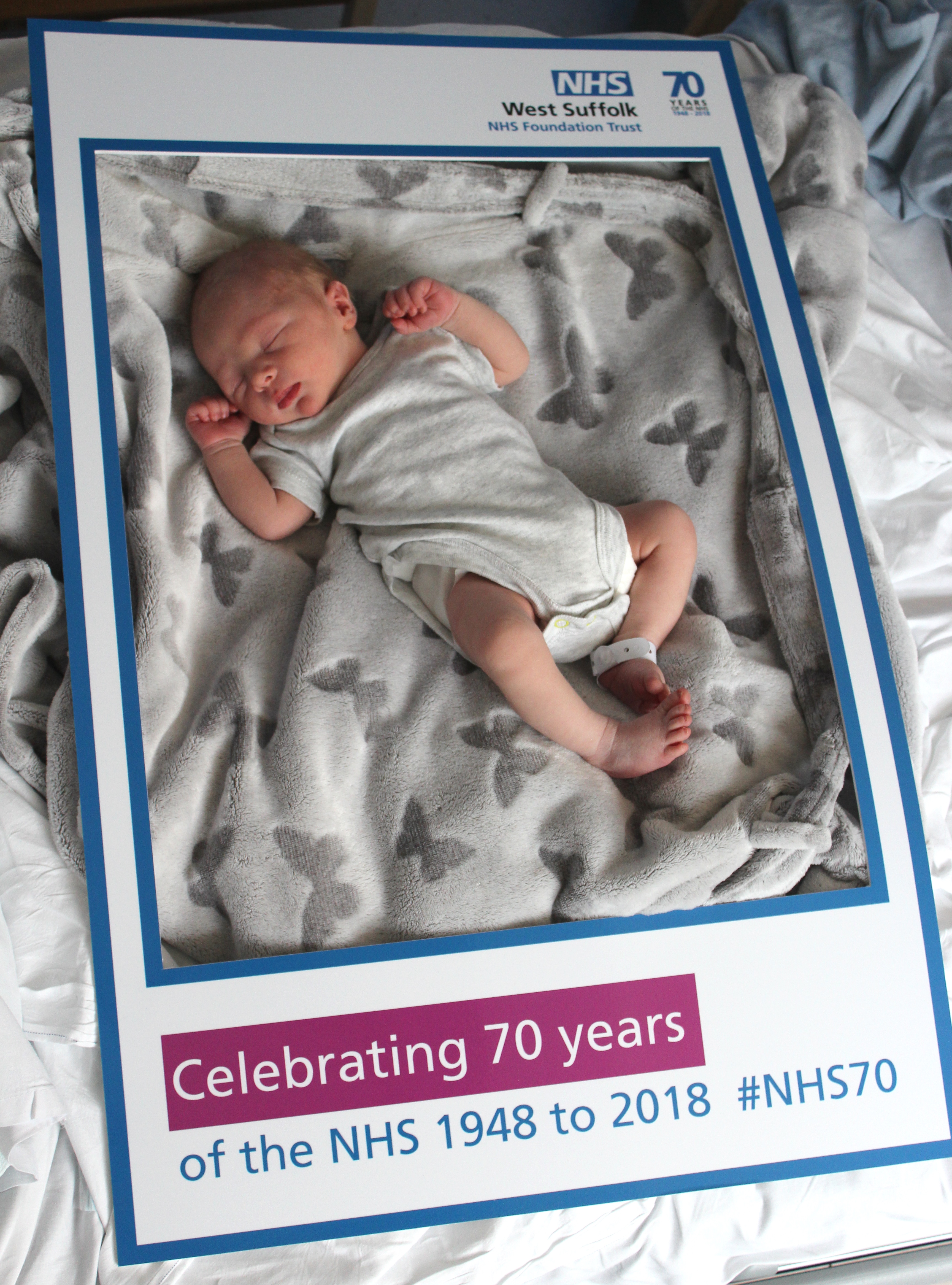 Baby Joshua was the first baby born at the West Suffolk Hospital at 12.13am on the NHS’ 70th birthday