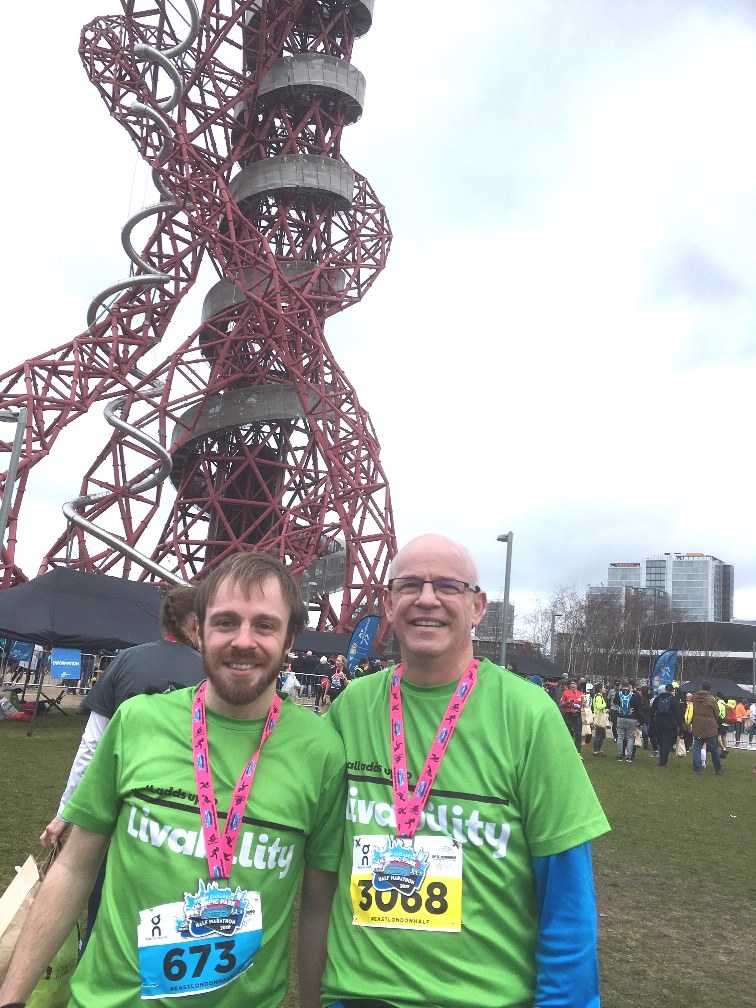 David Swales, right, with his son, Ben, at the 2019 East London half marathon.