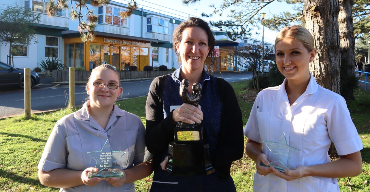 (Left to right) Sam Douglass, Cathy Adkins and Katy Edgar, winners of the annual midwifery awards at our Trust.