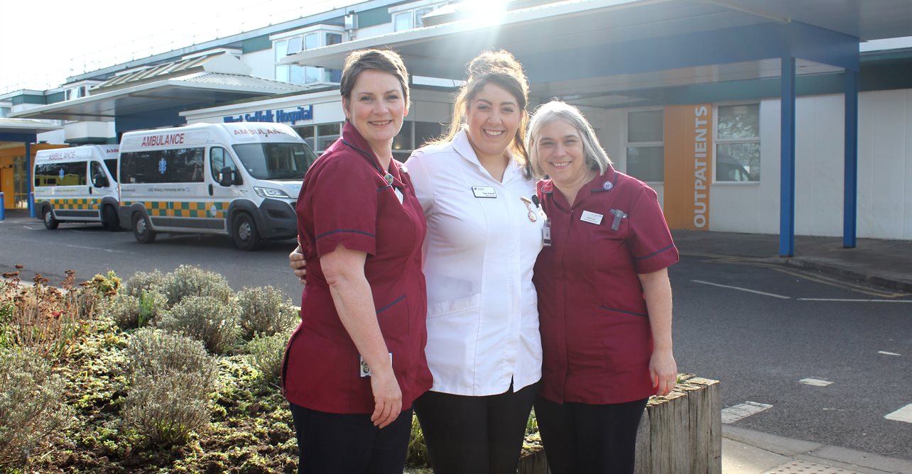 (From left to right) Helen Vickery, clinical practice facilitator, Faye Powell, University of Suffolk nursing student who is currently on her placement at West Suffolk Hospital, and Diane Last, clinical education lead.