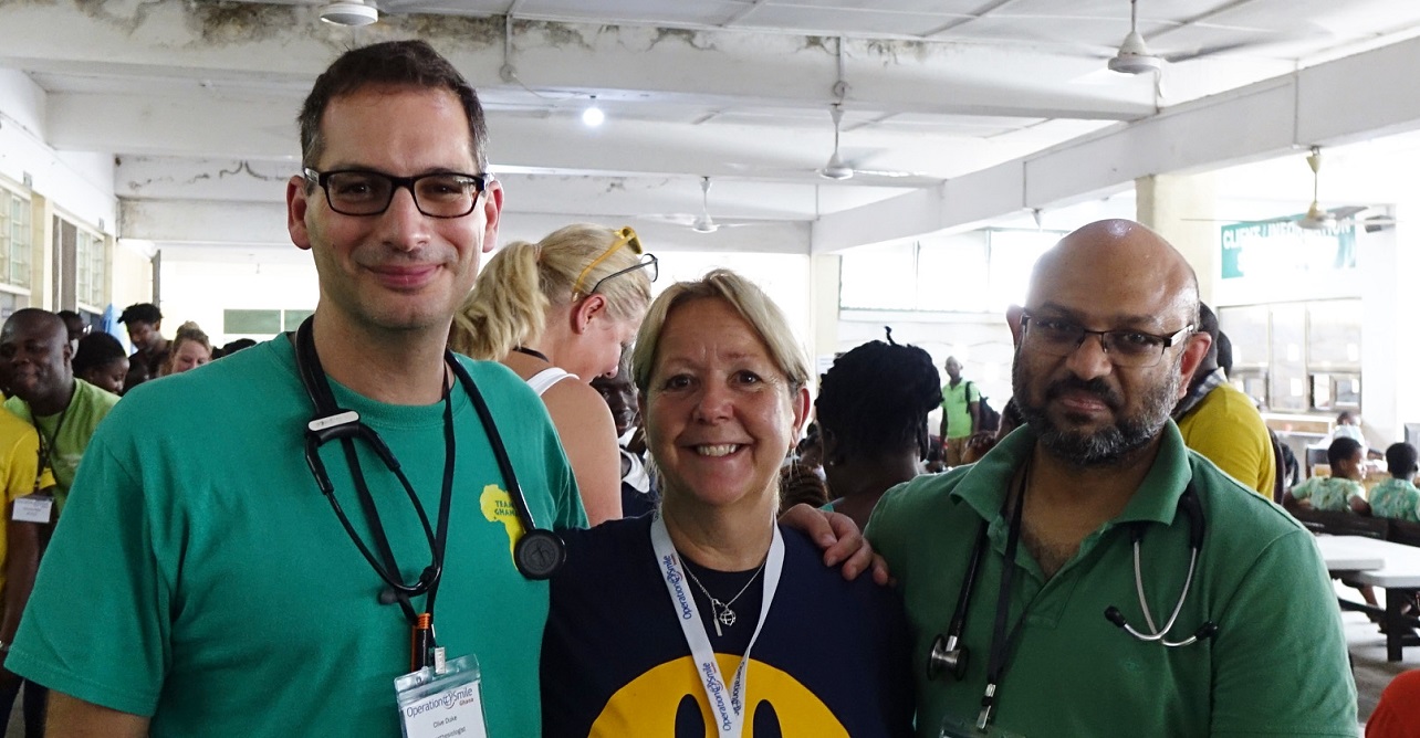(Left to right) WSFT’s Dr Duke, Lindsay Anderson and Dr Saraswatula volunteering in Ghana in 2017 for Operation Smile.