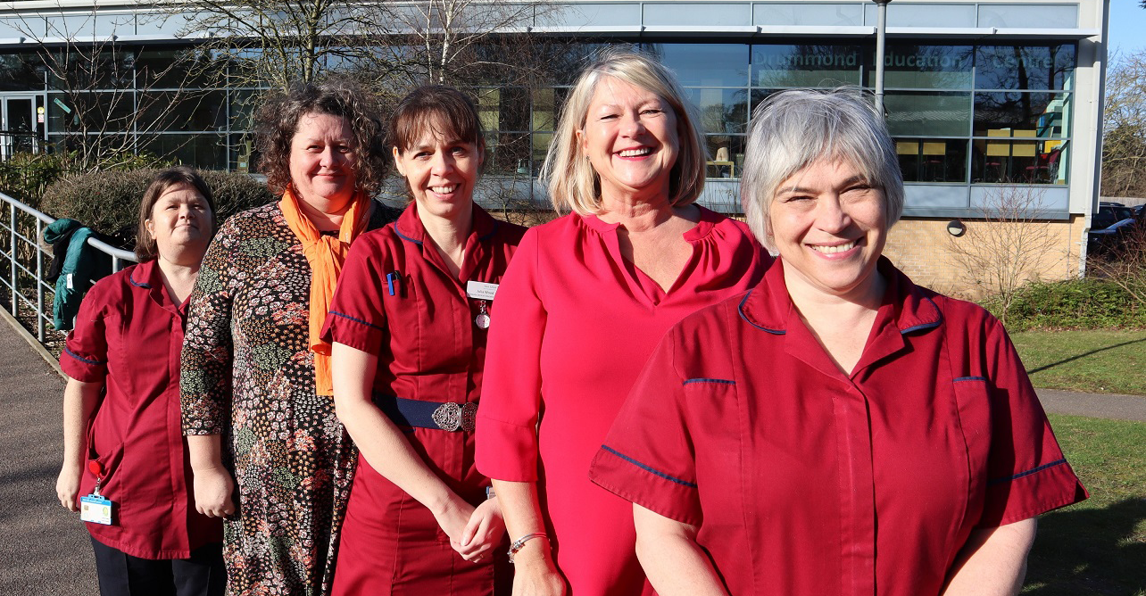 West Suffolk College staff stand side by side our education team. (L to R) Vicki Firman, Catriona Bacon, Julia Wood, Laraine Moody and Diane Last