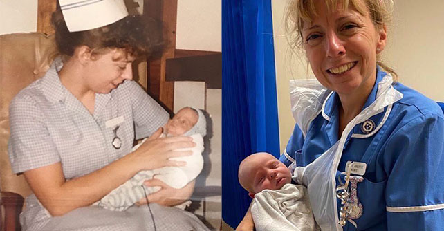 Retiring midwife Claire Ambrose with one of the first and one of the final babies she helped care for.