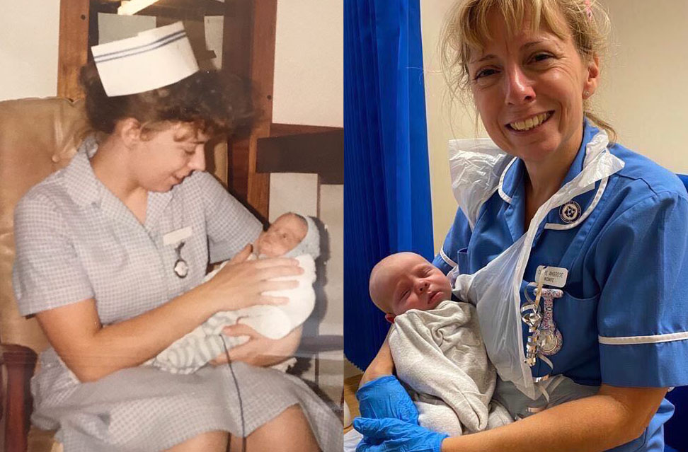 Retiring midwife Claire Ambrose with one of the first and one of the final babies she helped care for.