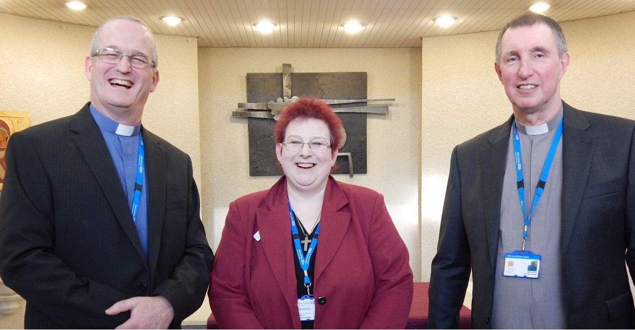 Revd Ian Howells (far right) in the West Suffolk Hospital chapel accompanied by (left to right) Revd Stephen Griffiths and Cheryl Unsworth chaplaincy administrator