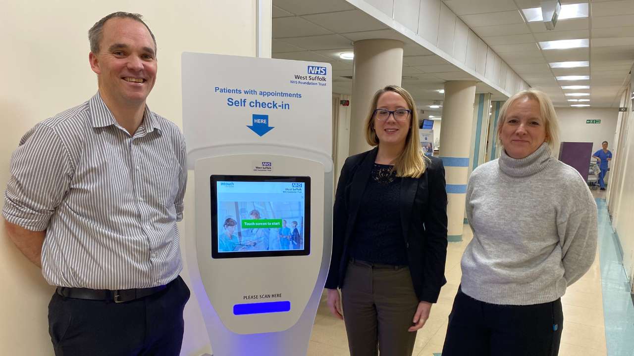 Left to right: Mark Geeves, administration manager, outpatients’ team; Kirsty Rawlings, senior operations manager for outpatients’ transformation; and Sara Clark, project manager, information and communication technology, with one of the new self-check-
