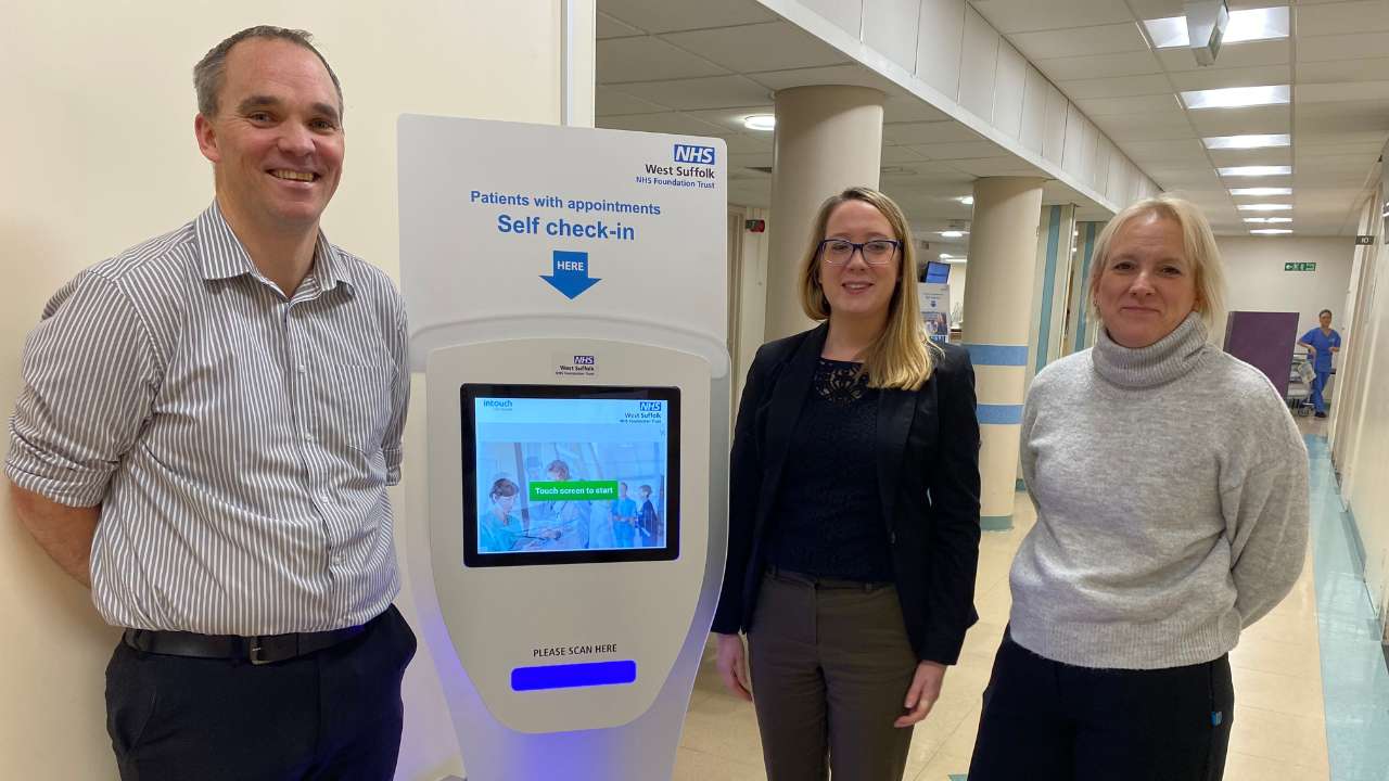 Left to right: Mark Geeves, administration manager, outpatients’ team; Kirsty Rawlings, senior operations manager for outpatients’ transformation; and Sara Clark, project manager, information and communication technology, with one of the new self-check-